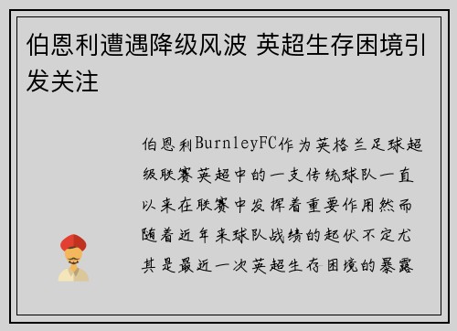 伯恩利遭遇降级风波 英超生存困境引发关注 伯恩利遭遇降级风波 英超生存困境引发关注